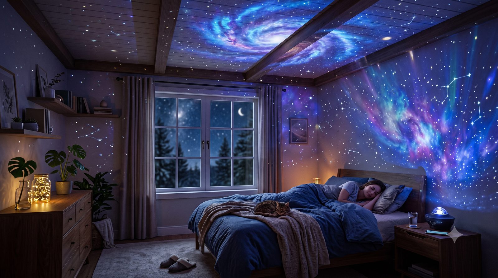 Projetor de galáxia iluminando o teto de um quarto com estrelas e nebulosa
