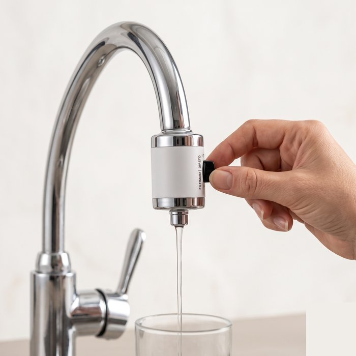 Filtro compacto acoplado ao bico de uma torneira de cozinha