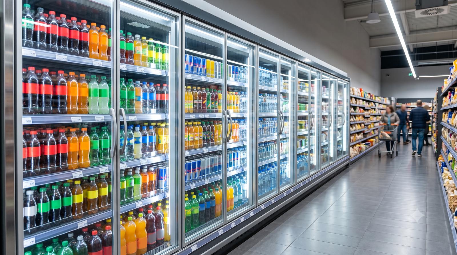 Fileira de expositores refrigerados de porta de vidro com bebidas num supermercado