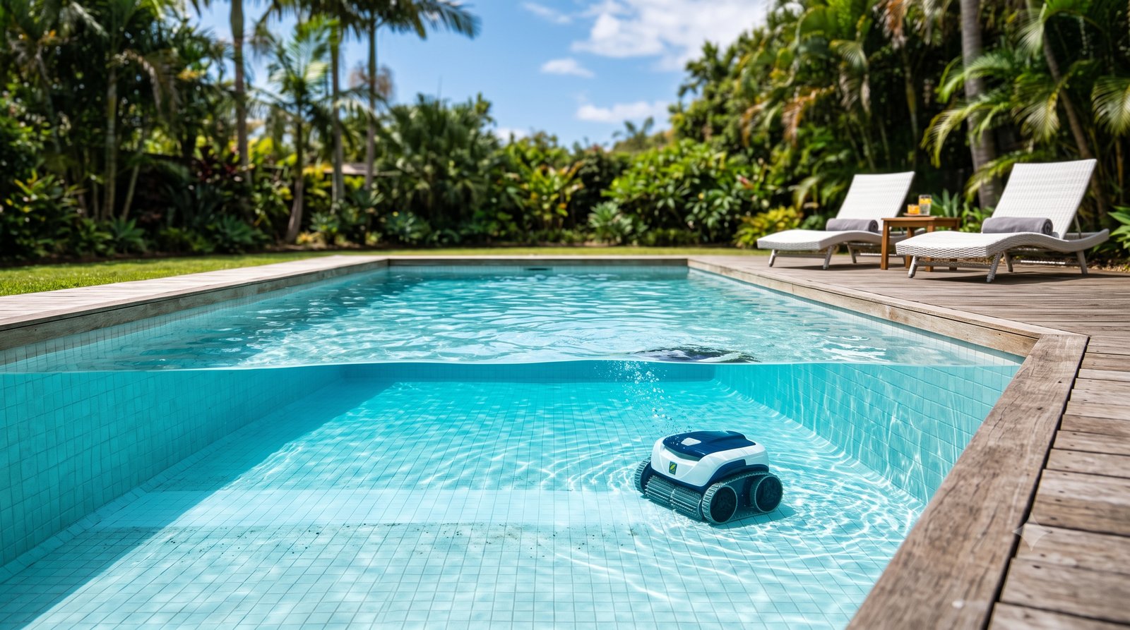 Robô de limpeza percorrendo o fundo de uma piscina residencial de água clara