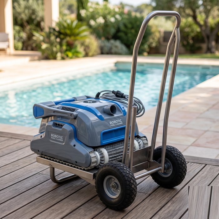 Robô de piscina de grande porte ao lado de carrinho de transporte com alça