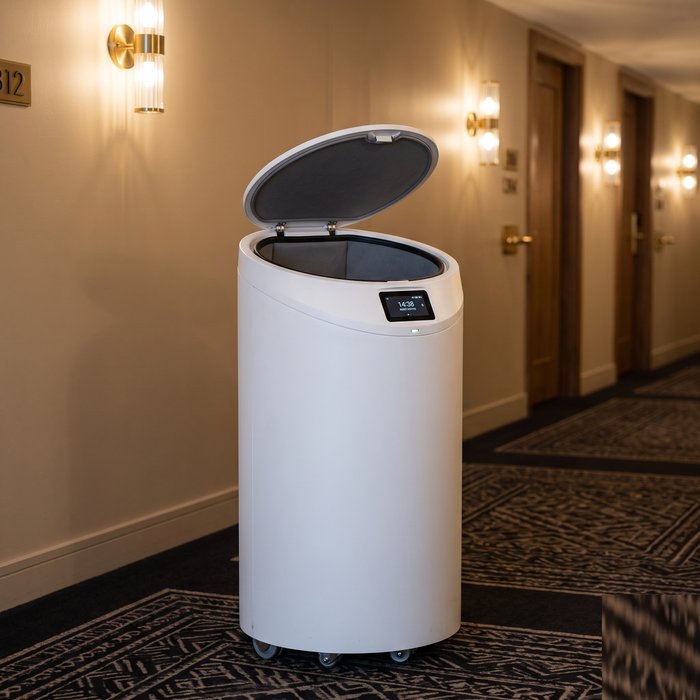 Robô de entrega de hotel com compartimento fechado com tampa, parado diante da porta de um quarto