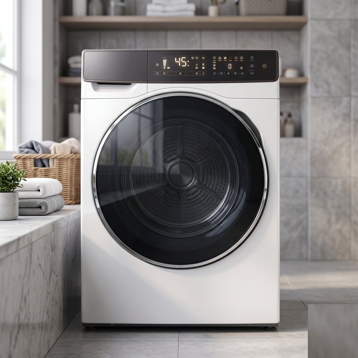 Heat pump dryer with a digital programme panel and a large glass door
