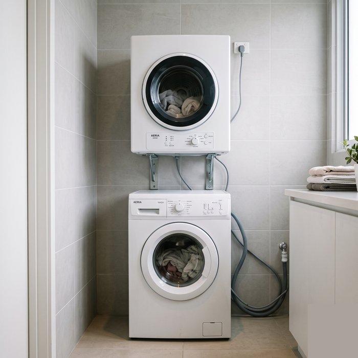 Compact wall mounted dryer installed above a washing machine in a narrow space