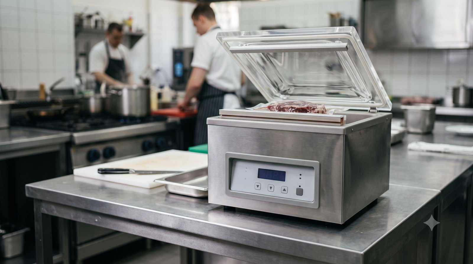 Seladora a vácuo de câmara embalando carne numa cozinha profissional de aço inox