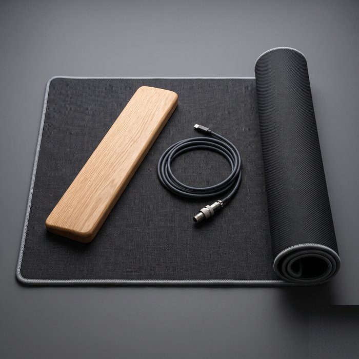Large desk mat with a wooden wrist rest and a coiled cable