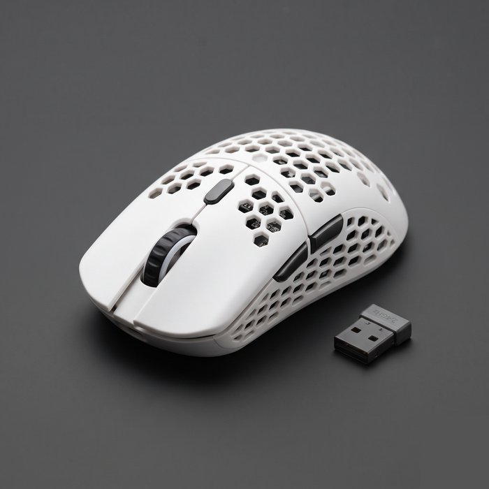 Light wireless mouse with a perforated shell and a radio receiver beside it