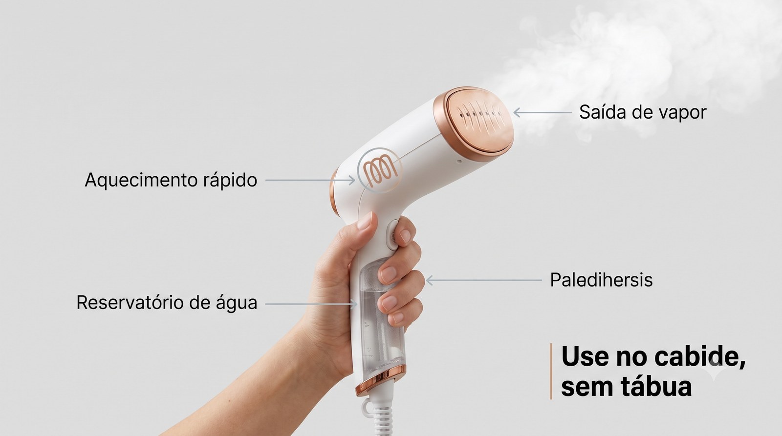 Como funciona o vaporizador de roupas: reservatório de água, aquecimento rápido, saída de vapor na cabeça e uso direto no cabide
