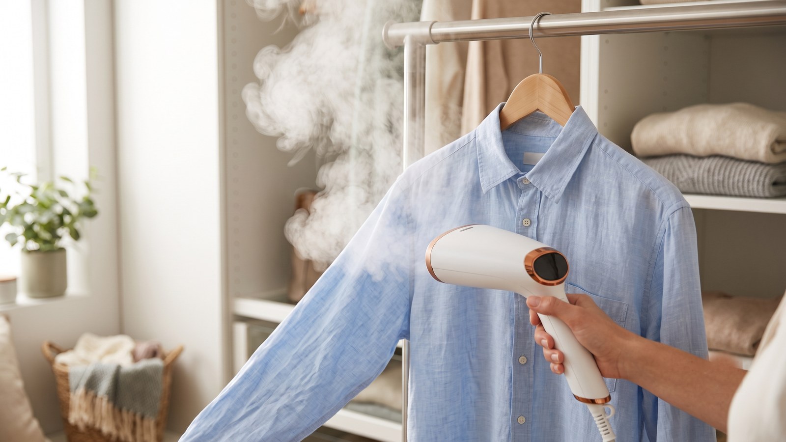 Vaporizador de roupas portátil soltando vapor numa camisa pendurada no cabide