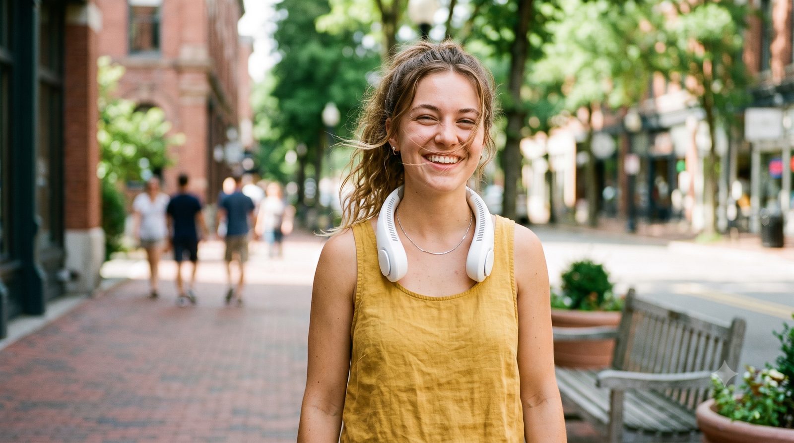 Jovem sorridente usando um ventilador de pescoço numa rua de verão